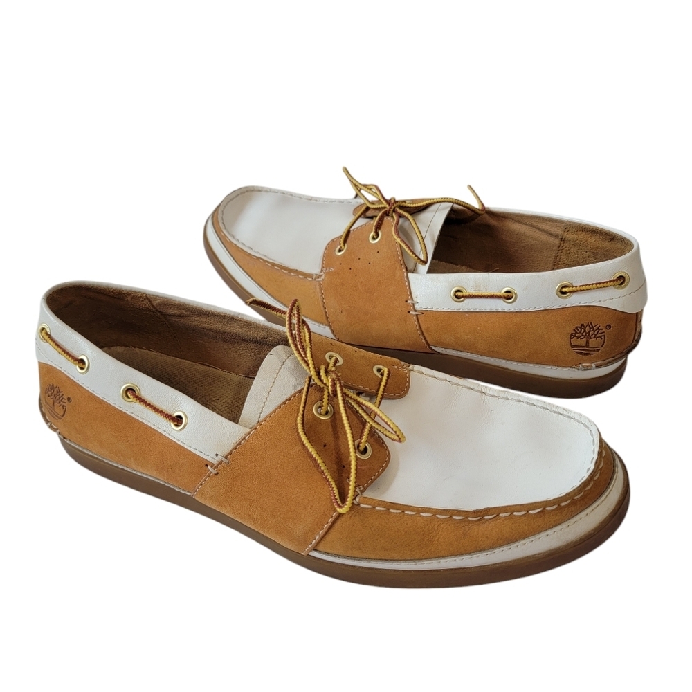 Timberland Men's Heritage 2 Eye Boat Brown White Leather Casual Shoes Size 12 M